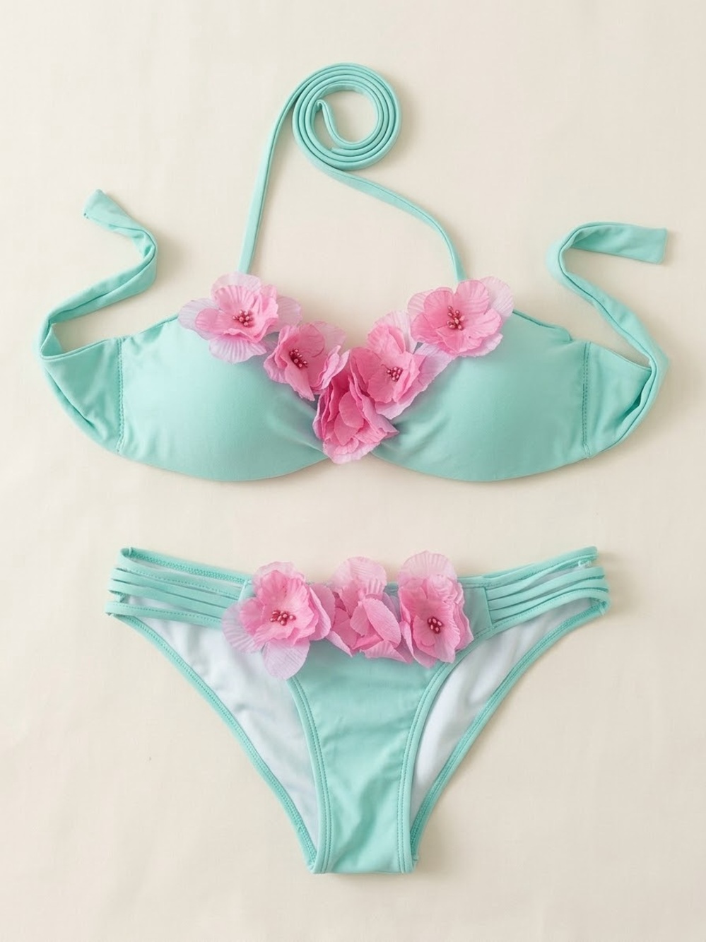 Mint Floral Appliqué Bikini Set - Women Swim Bikinis